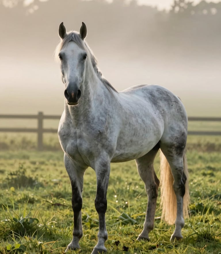 A single striking grey thoroughbred horse with fine white markings standing in a vibrant green paddock, morning mist rising, soft golden hour sunlight, cinematic 16:9 framing.