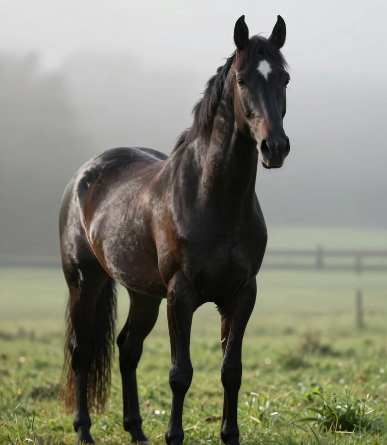 A striking black thoroughbred horse with a white star on its forehead standing alert in a crisp green paddock, early morning mist, high-contrast lighting.