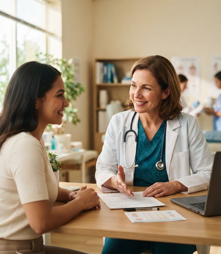 Warm editorial medical photography of a patient-doctor consultation in a bright clinic, soft teal tones, shallow depth of field