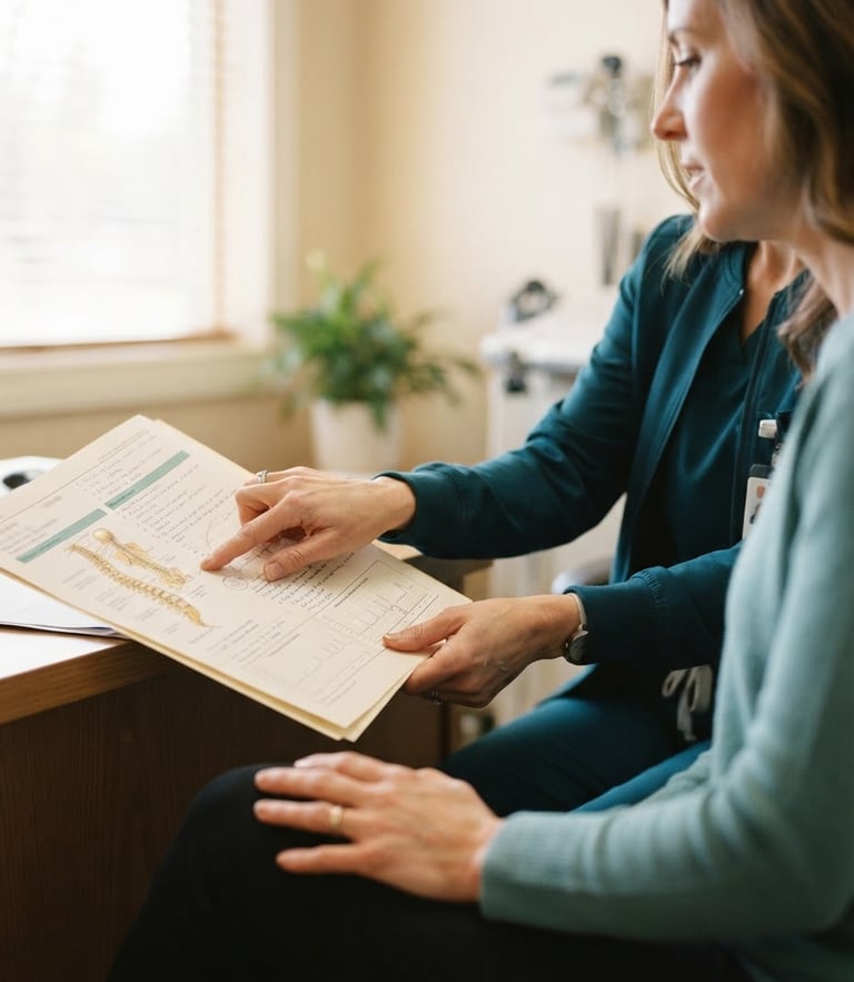 A warm editorial close-up of a doctor's hands gently explaining a medical chart to a patient, soft natural window light, deep teal accents, shallow depth of field