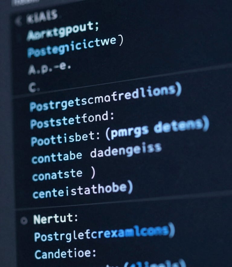 Macro close-up of clean Postgres database schema on a dark IDE screen, electric blue syntax highlighting, sleek tech photography