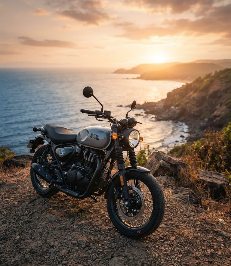 Low-angle portrait shot of a pristine Royal Enfield Hunter 350 parked on a dramatic Gokarna cliff at golden hour, warm sea breeze, soft depth of field, premium automotive photography