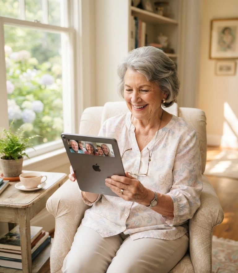 A smiling grandmother in a sunlit Georgia living room safely using a tablet, warm natural daylight, soft pastel tones, high contrast.