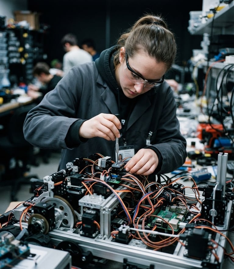 Eye-level shot of a student intensely calibrating a complex robotic chassis with wiring visible under cool-toned LED workshop lighting, high contrast, technical detail, 35mm