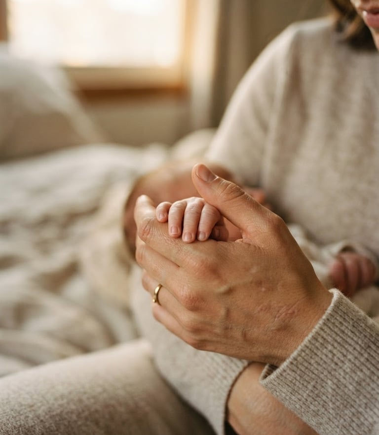 Soft close-up of a mother gently holding a baby's hand, warm morning window light, shallow depth of field, muted earth tones