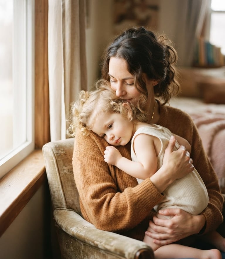 A mother holding her toddler close in soft morning window light, warm earth tones, shallow depth of field, candid 35mm photography