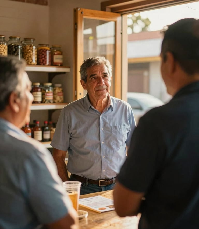 Medium shot of a mayoral candidate listening to a local merchant inside a brick bakery in Fernández, warm golden-hour light streaming through a window, authentic community interaction, 35mm lens