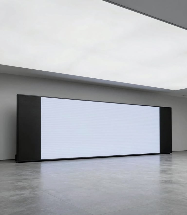 Minimalist architectural space with a modern digital screen installation, clean geometric alignment, cool diffused overcast light.