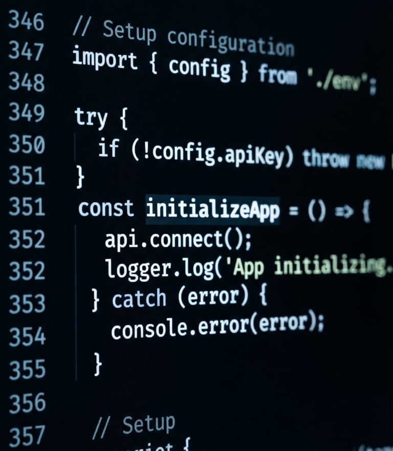 Extreme macro shot of a clean code editor screen with monospaced font, glowing subtle white pixels on deep obsidian background, high contrast