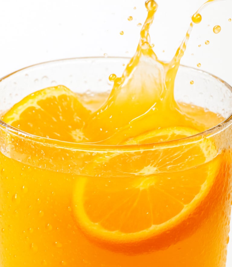 Extreme close-up of condensation-beaded glassware filled with vibrant orange liquid, dynamic splash, fresh citrus slices floating, high-key studio lighting with bright highlights and sharp shadows, crisp focus, macro depth of field