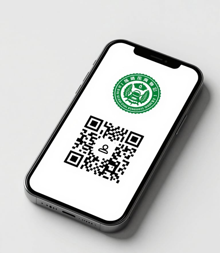 A clean flat-on mockup of a digital vehicle registration card on a mobile screen, displaying a secure QR code and official green government emblem under bright studio lighting.