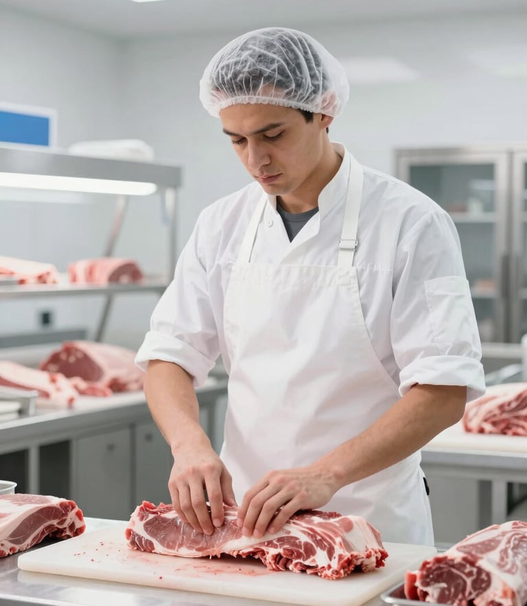 Medium shot of an expert butcher in a clean white apron and hairnet, working in a bright, modern, temperature-controlled facility, 50mm lens, bright high-key light.