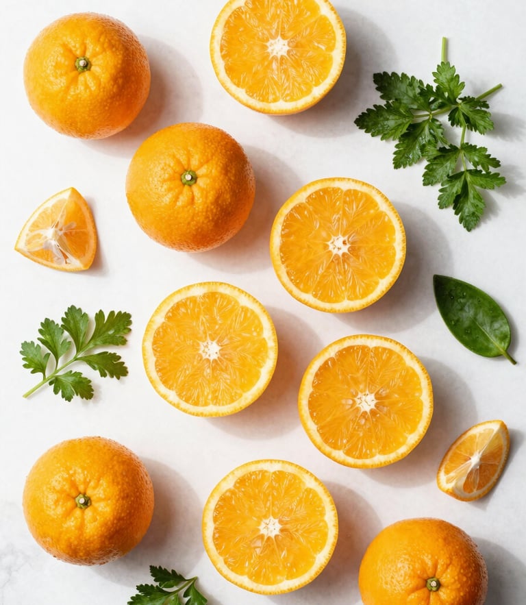 Overhead flat-lay of vibrant fresh citrus, green herbs, and raw ingredients on a clean white marble surface, bright natural daylight, sharp focus