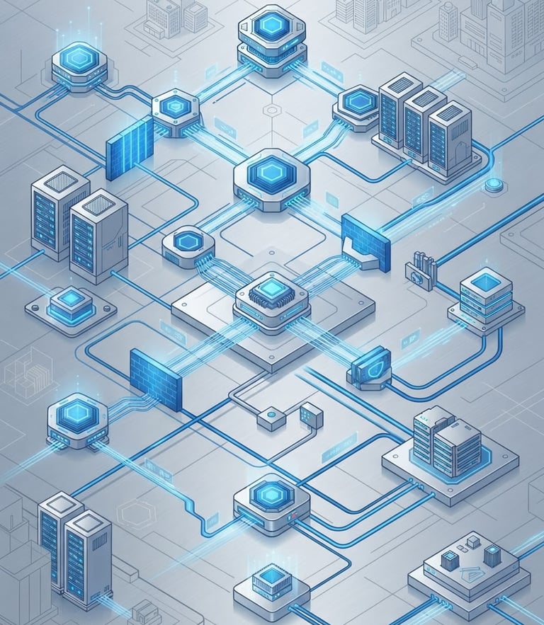 Isometric technical schematic of interconnected cybersecurity nodes and cloud data streams, glowing blue lines on a clean silver background, sharp geometric precision, studio lighting, corporate high-tech illustration
