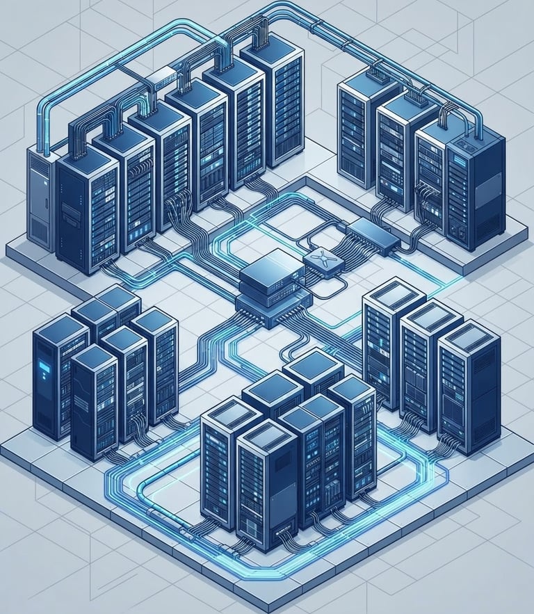 Minimalist vector illustration of clean isometric server racks and network topologies, corporate blue and silver palette, sharp geometric lines, high-tech.
