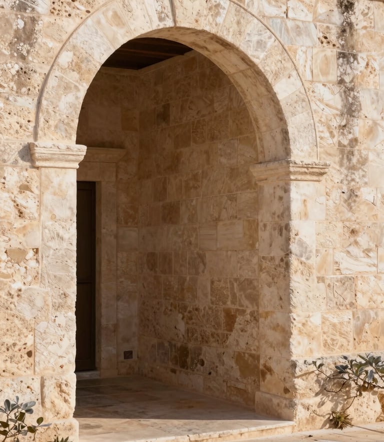 Soft morning light filtering through a historic stone archway in Puglia, highlighting the texture of dry limestone walls, warm sand colors, quiet editorial photography.