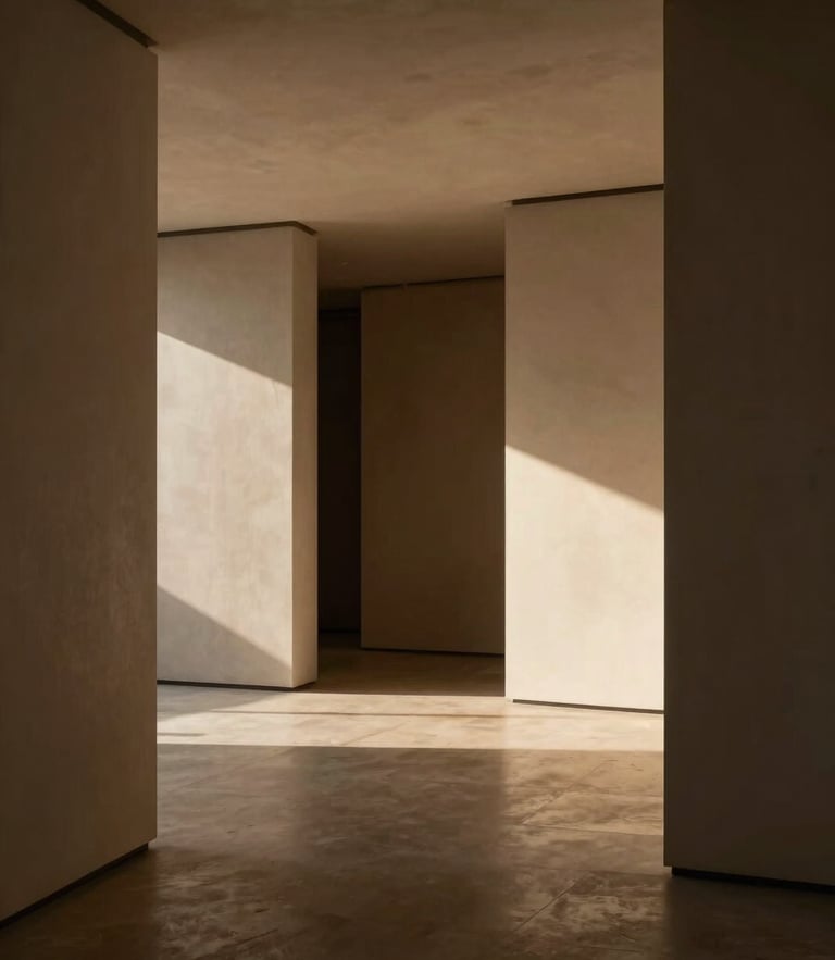 Architectural photography of a minimalist warm lighting showroom in Colombia, dramatic chiaroscuro lighting, deep shadows, elegant editorial mood, 35mm lens