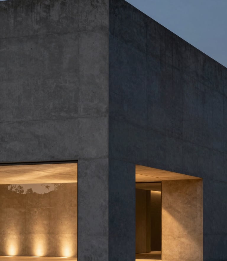 High-contrast architectural elevation of a concrete facade at dusk, warm integrated linear lighting grazing the texture, deep shadows, 35mm lens