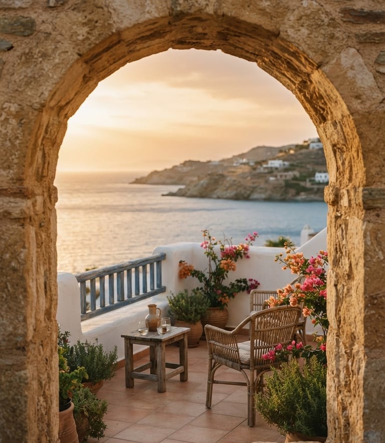 Close-up of a stone archway framing a sun-drenched private terrace and calm sea at golden hour, warm editorial photography, 35mm film