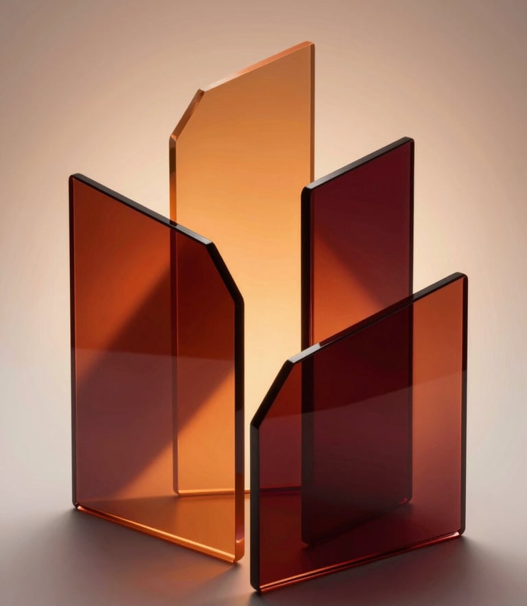 Abstract fluid glass shapes reflecting warm orange and deep maroon light, isometric angle, soft studio lighting with subtle backlighting, high-fidelity depth