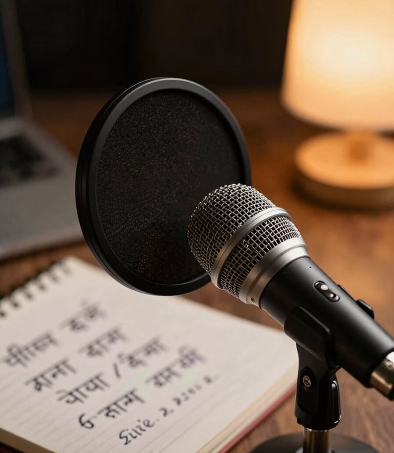 Low-light close-up of a microphone with a pop filter, a notebook with handwritten Hindi scribbles, and a warm lamp glow in the background.