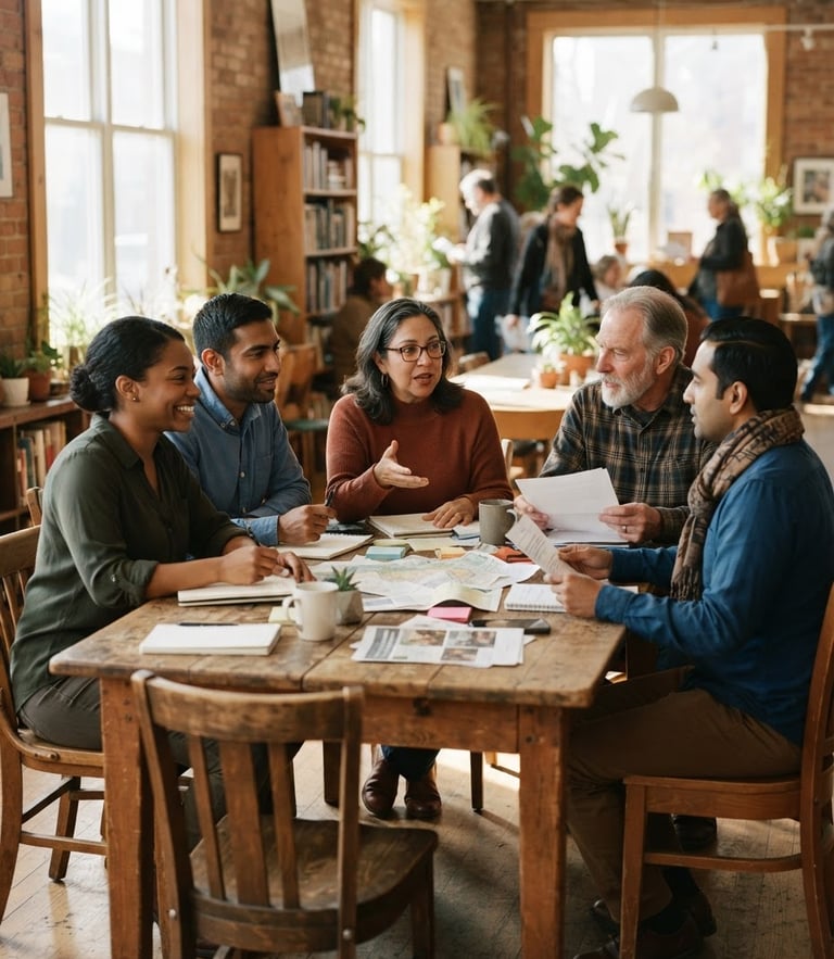 Documentary-style wide shot of community leaders collaborating around a wooden table in a sunlit room, natural daylight, warm editorial tone.