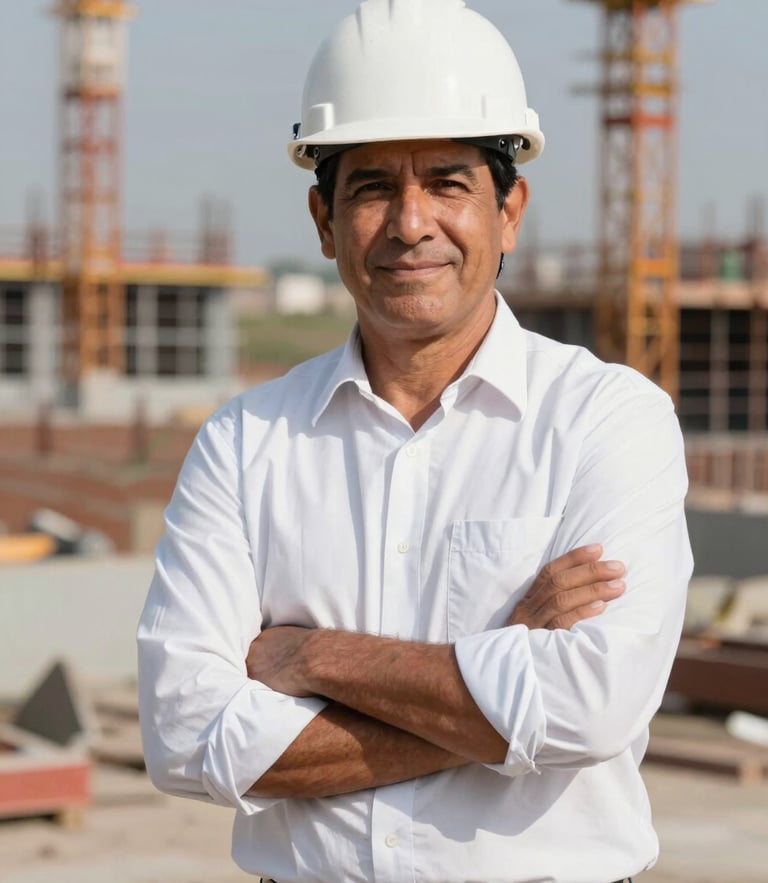 Retrato editorial profesional del Ing. Barboza con casco de ingeniería blanco, fondo de obra en construcción difuminada, luz natural brillante de Lambayeque, plano medio.