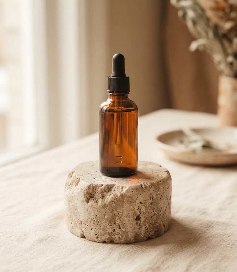Minimalist premium amber bottle of hair serum on a textured stone block, soft diffused daylight with gentle shadows, warm cream tones.
