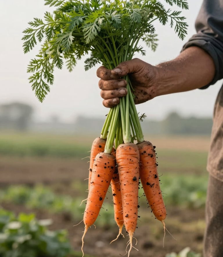 A farmer with soil-stained hands holding a bunch of freshly harvested heirloom carrots, soft diffused morning daylight, rustic farm field background.