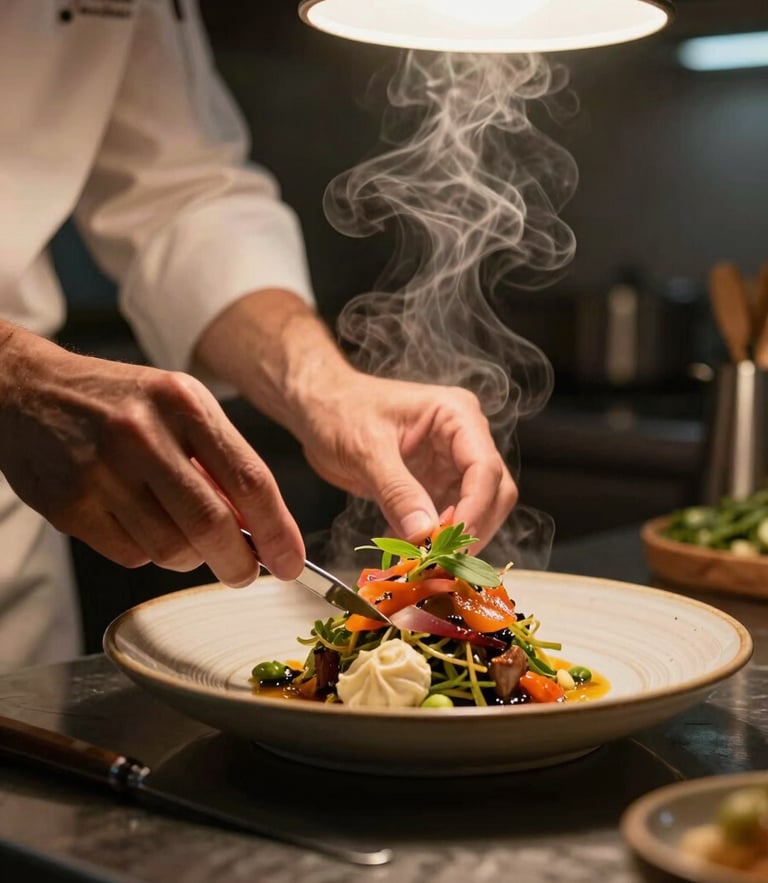 Close-up of a chef's hands plating a vibrant dish in a dimly lit, cozy Scandinavian-style kitchen, warm overhead light catching the steam, rustic ceramic plate.