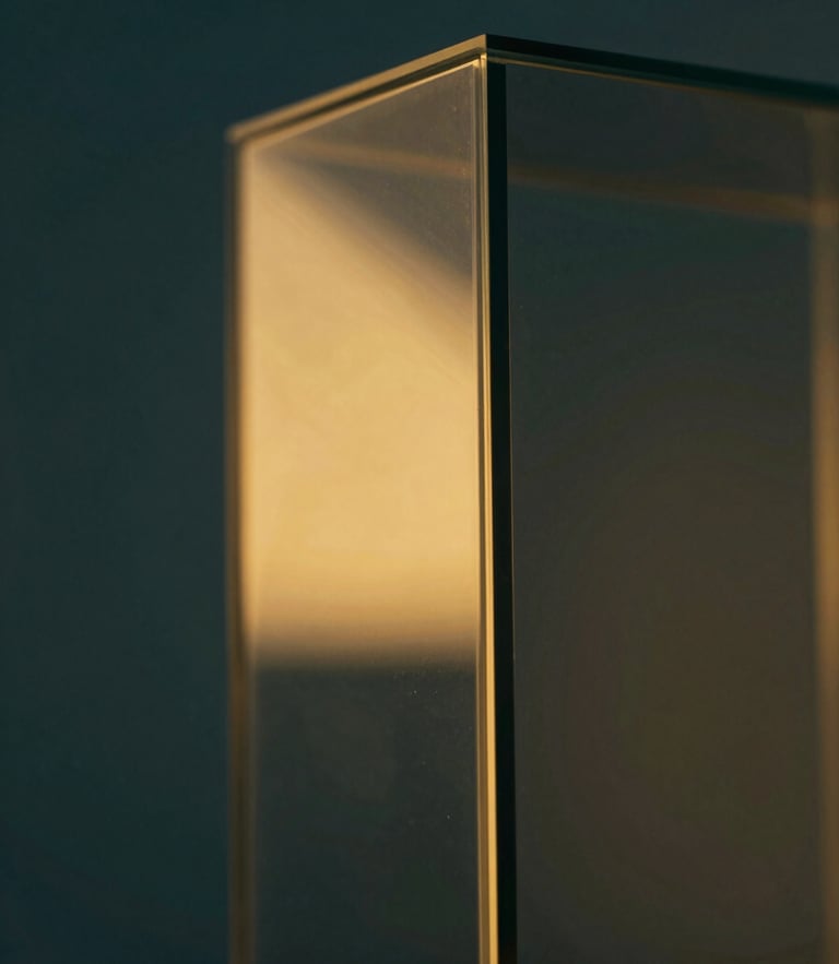 Macro close-up of a premium digital interface reflecting golden studio light on dark glass, architectural geometric focus, 35mm