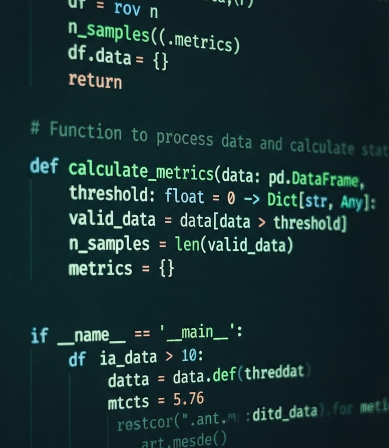 Macro shot of clean Python code on a dark IDE screen with neon green syntax highlighting, shallow depth of field.