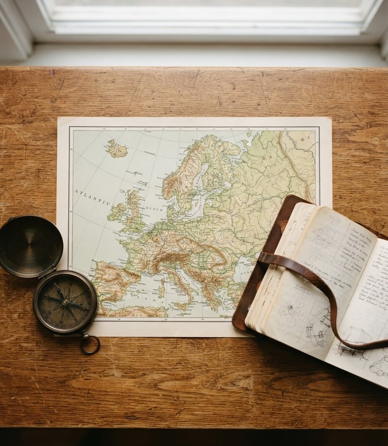 Overhead flat-lay of a physical map of Europe, a brass compass, and an open leather travel notebook on a warm wooden table, soft window light, 35mm photography