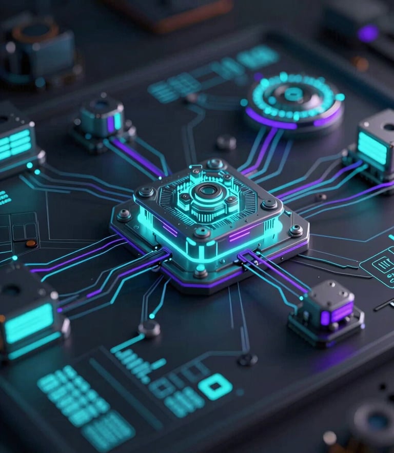 Sleek 3D render of an abstract digital engineering data visualization with glowing teal and purple accents, dark ambient lighting, high-contrast perspective
