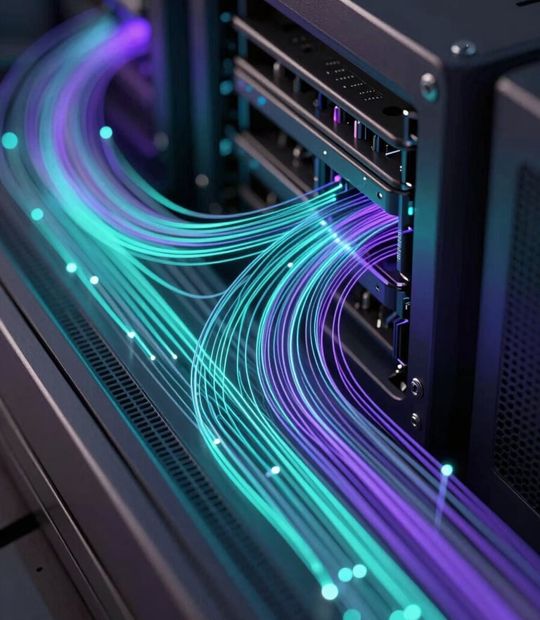 Sleek 3D render of abstract digital engineering data visualization, glowing teal and purple fiber-optic lines weaving through a dark metallic server chassis, macro close-up, high-contrast neon accents, dark ambient lighting, octane render