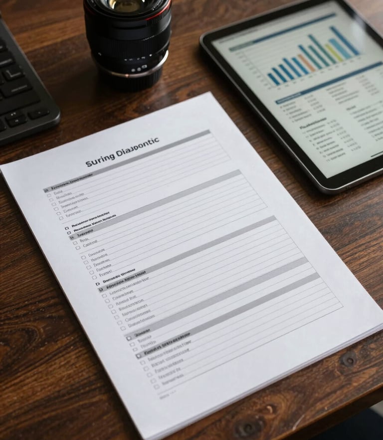Tight overhead shot of a physical printed business diagnostic worksheet on a dark oak desk, a sleek tablet showing clean financial analytics charts to the side, natural high-contrast side-lighting, professional workspace environment.