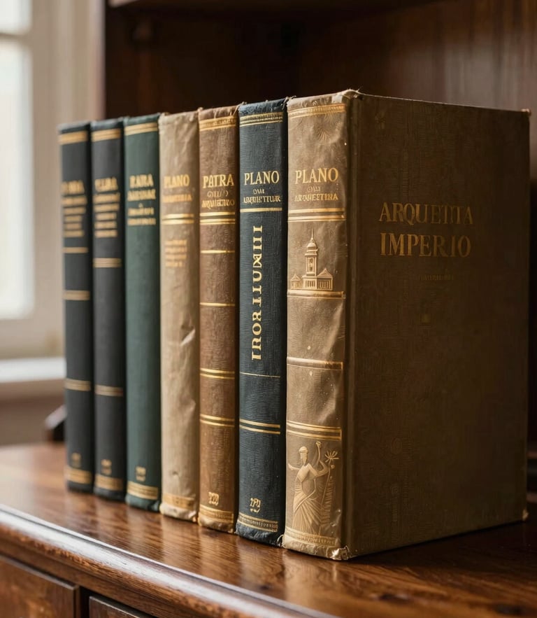 Plano medio de la colección de libros de tapa dura Arquitectura de Imperio ordenados sobre un escritorio de madera noble, luz natural filtrada desde el lateral izquierdo, enfoque nítido en las texturas del papel y el relieve bronce.