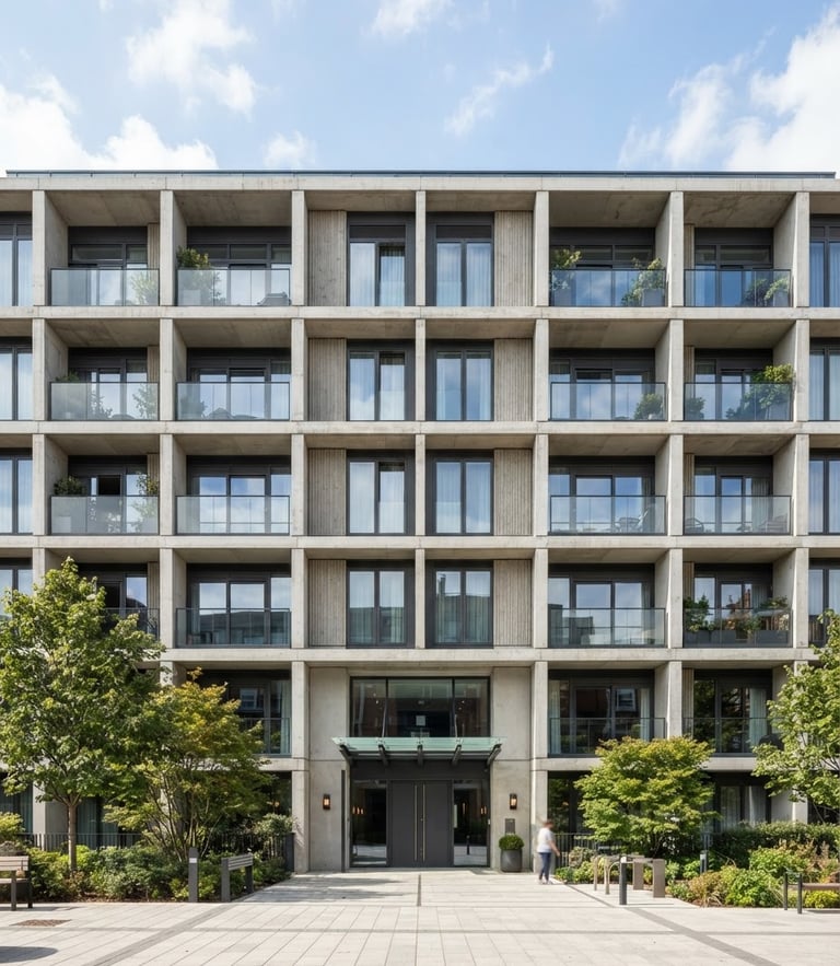 Straight-on eye-level architectural perspective of a modern apartment building exterior, sharp concrete lines, bright natural daylight, clean realistic colors.
