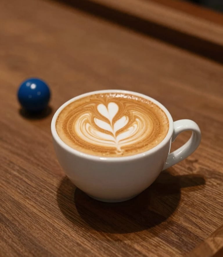 Overhead shot of a glossy white ceramic cup with latte art sitting on a rich teak wood table next to a blue billiard chalk, soft warm lighting, shallow depth of field