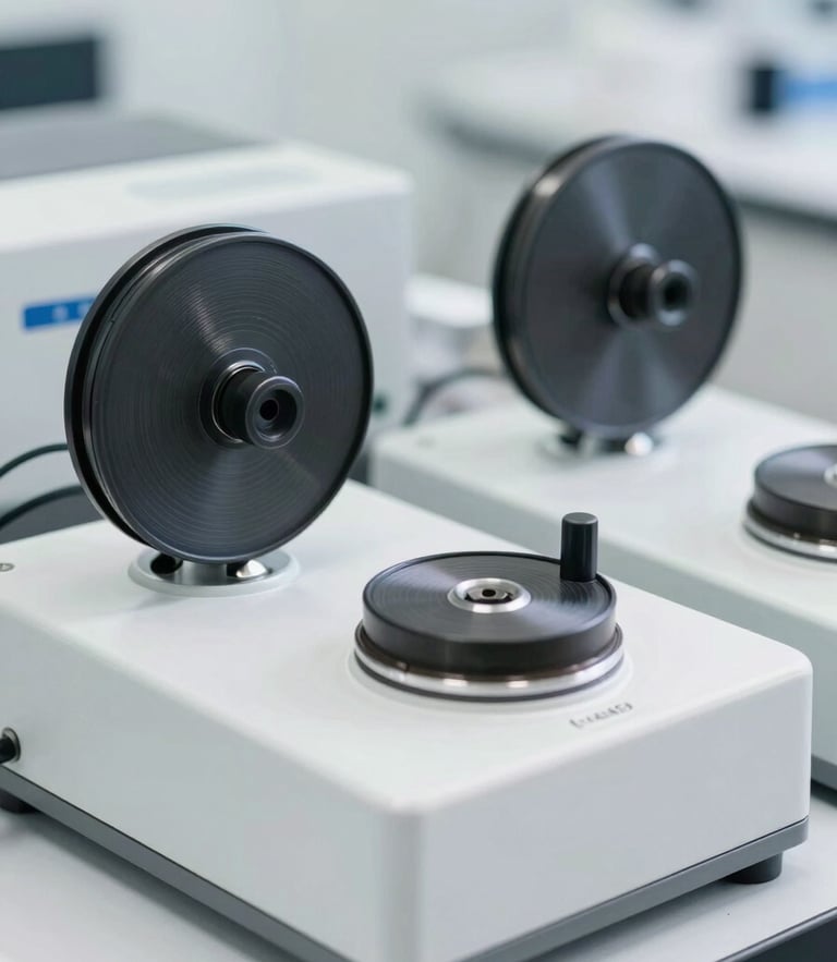 Close-up of professional air cassette testing equipment in a bright, clean, neutral daylight laboratory setting, 35mm