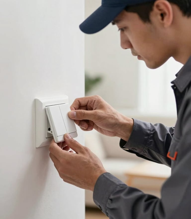 Close-up of a professional electrician in a clean uniform carefully installing a modern white light switch in a bright, minimalist living room.