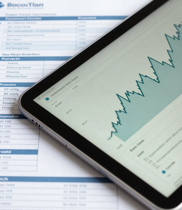 Macro shot of high-end tablet displaying clean financial charts and modern corporate tax documents, bright daylight, soft shadows, cool blue and sage green tones, 35mm