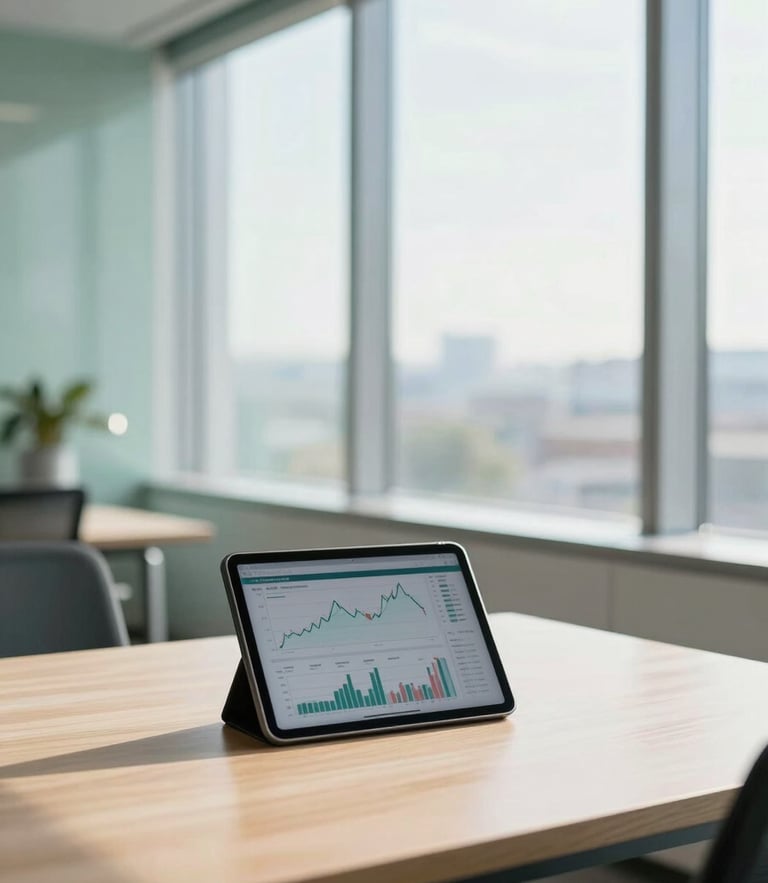 Bright modern office interior, a clean wooden desk with a tablet displaying financial charts, soft morning light filtering through large windows, 35mm photography