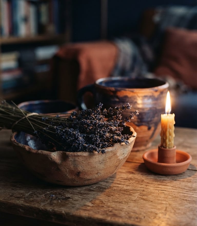 Soft-focus detail of warm candlelight casting a gentle glow on natural clay pottery and dried lavender, deep indigo shadows, warm gold highlights, cozy and safe maternal atmosphere, 35mm photography