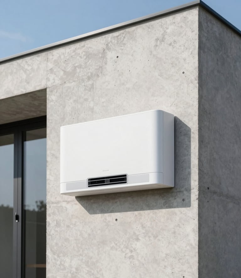 Architectural elevation of a modern concrete residence with a subtly integrated, flush-mounted indoor climate control unit, bright natural daylight, sharp focus, 35mm lens.