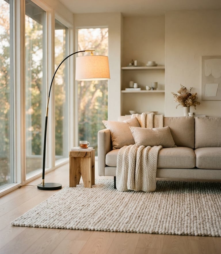 Minimalist modern living room with a tall floor lamp casting warm light, a textured area rug, neutral tones, editorial 35mm photography