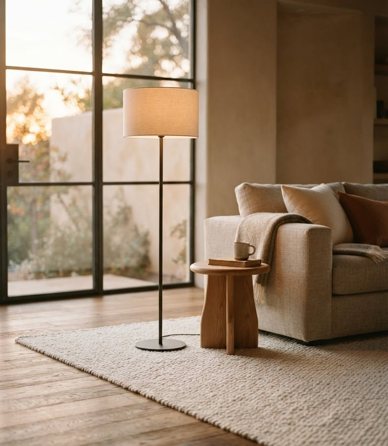 A warm-toned architectural interior with a minimalist floor lamp casting soft light on a textured boucle rug, golden hour window light, shallow depth of field, editorial 35mm photography