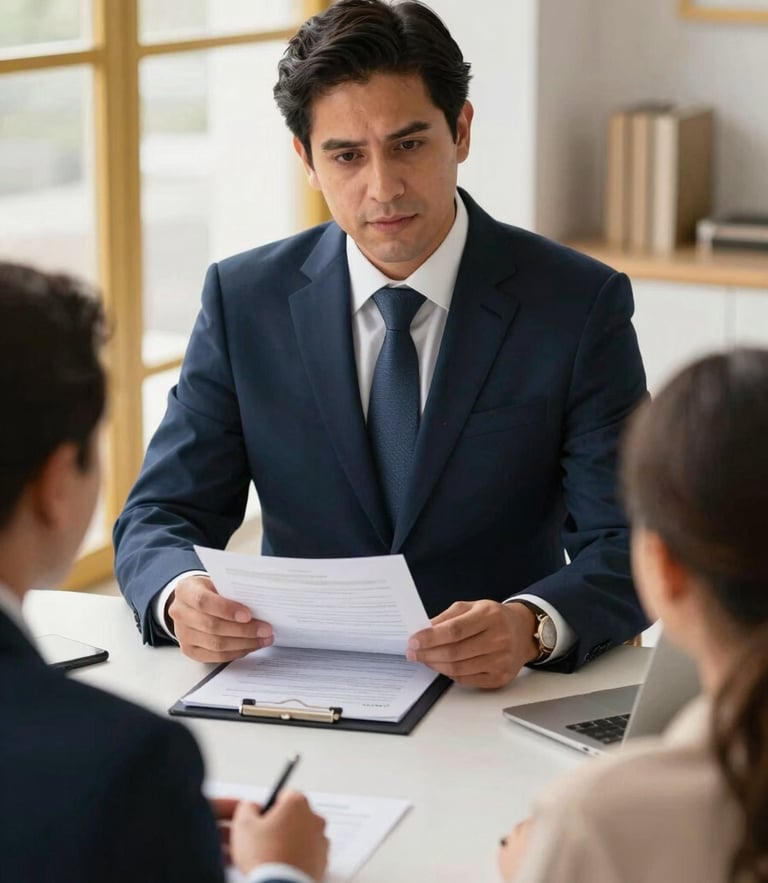 Professional lawyer in a navy suit discussing visa documentation with an employer in a bright office, warm editorial photography, soft window light, gold accents, 35mm