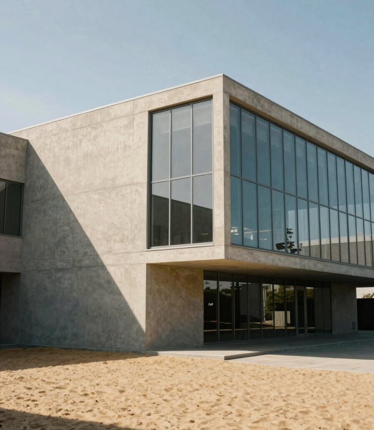 Low-angle architectural shot of a minimalist concrete and glass building with sharp shadows under bright sunlight, warm sand tones, 35mm