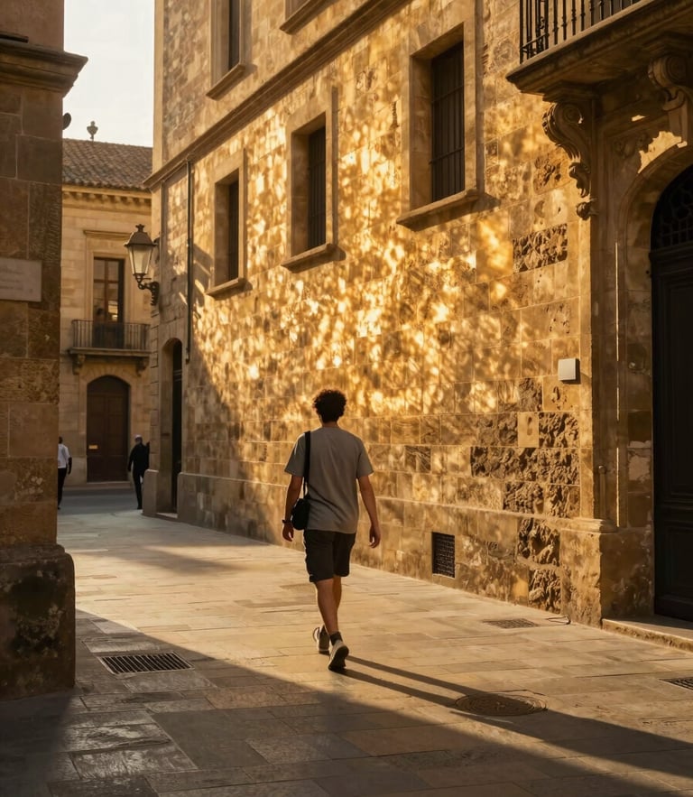 Wide-angle shot of a traveler walking through a sunlit historic street in Barcelona, warm golden hour light reflecting off stone walls, cinematic 35mm photography.